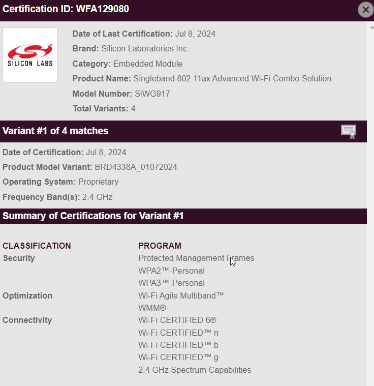 SiWx917 Wi-Fi Certification